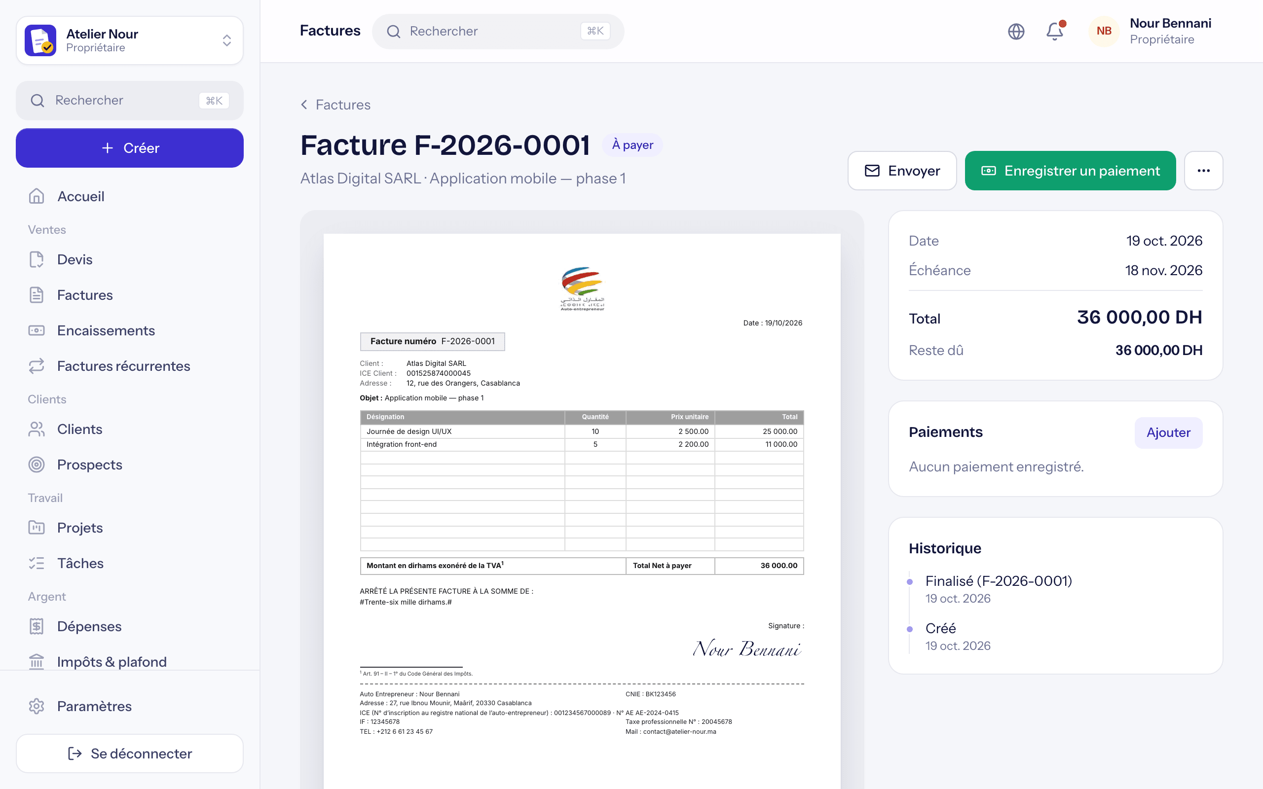 Tableau de bord SoloGestion : encaissements, plafond et impôt du trimestre